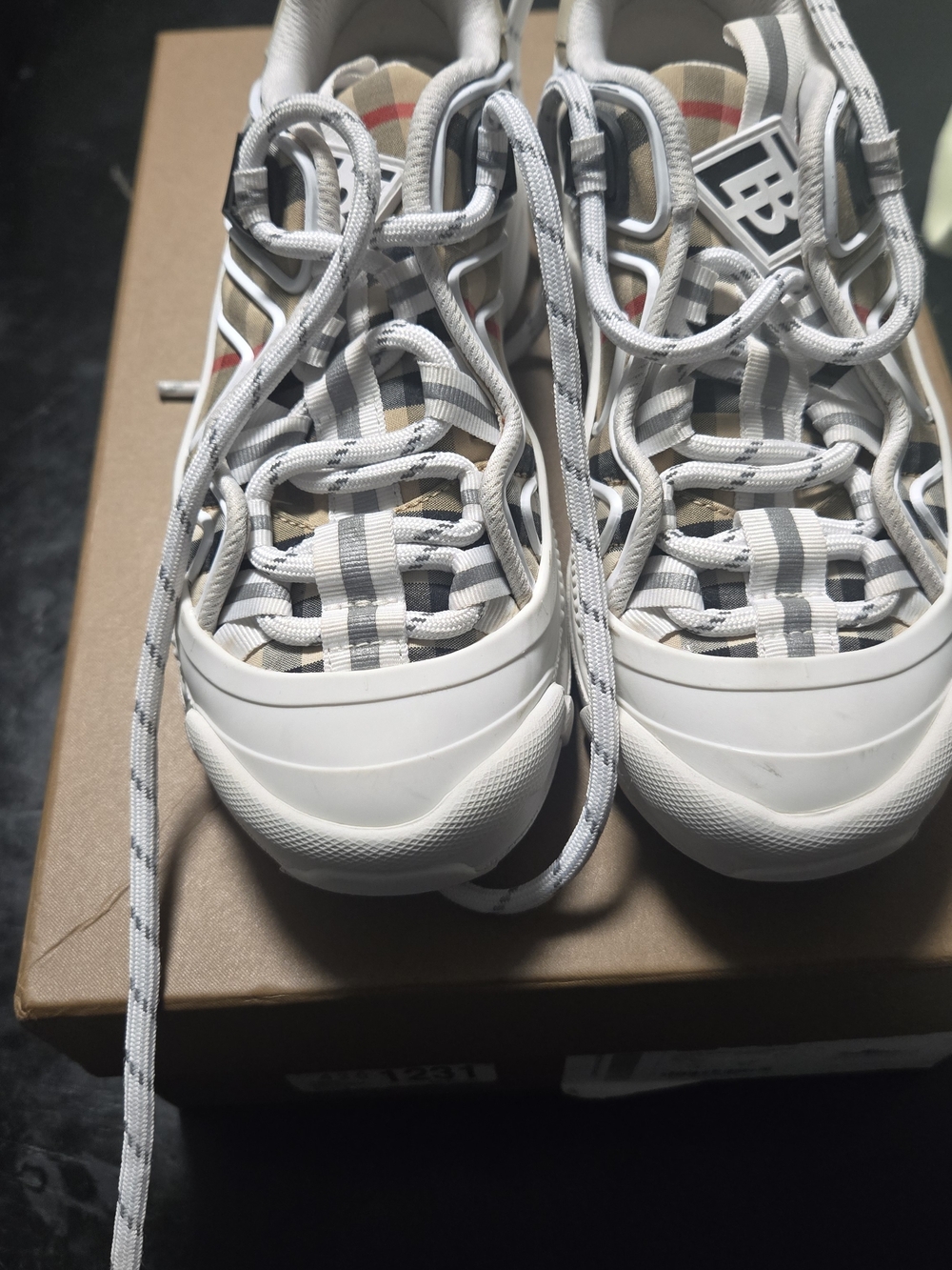 Burberry White & Beige Check Kids Lace-Up Sneakers